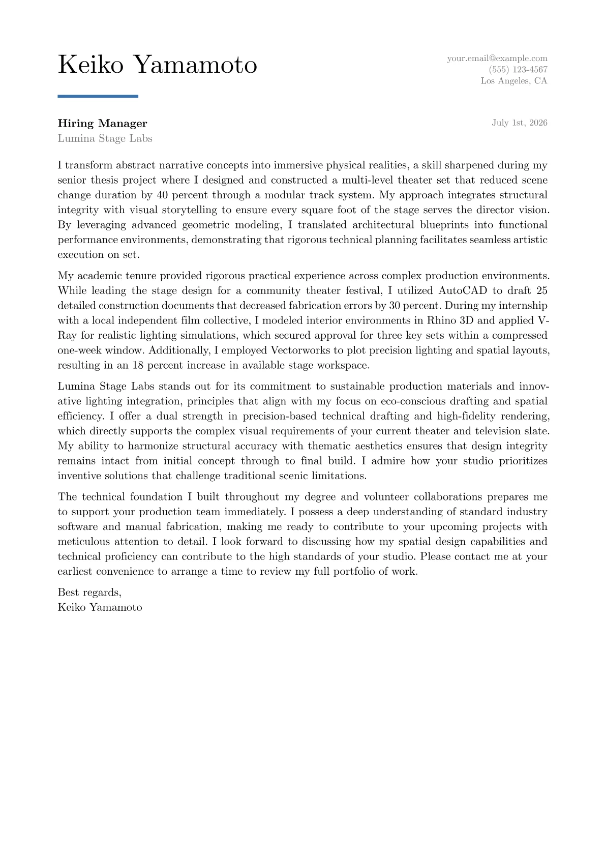 Set Designer cover letter in the Executive design