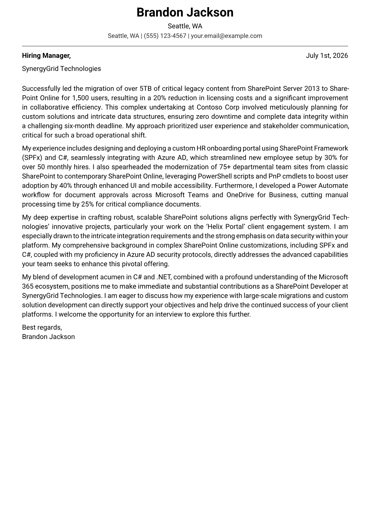 SharePoint Developer cover letter formatted with a JobSprout template