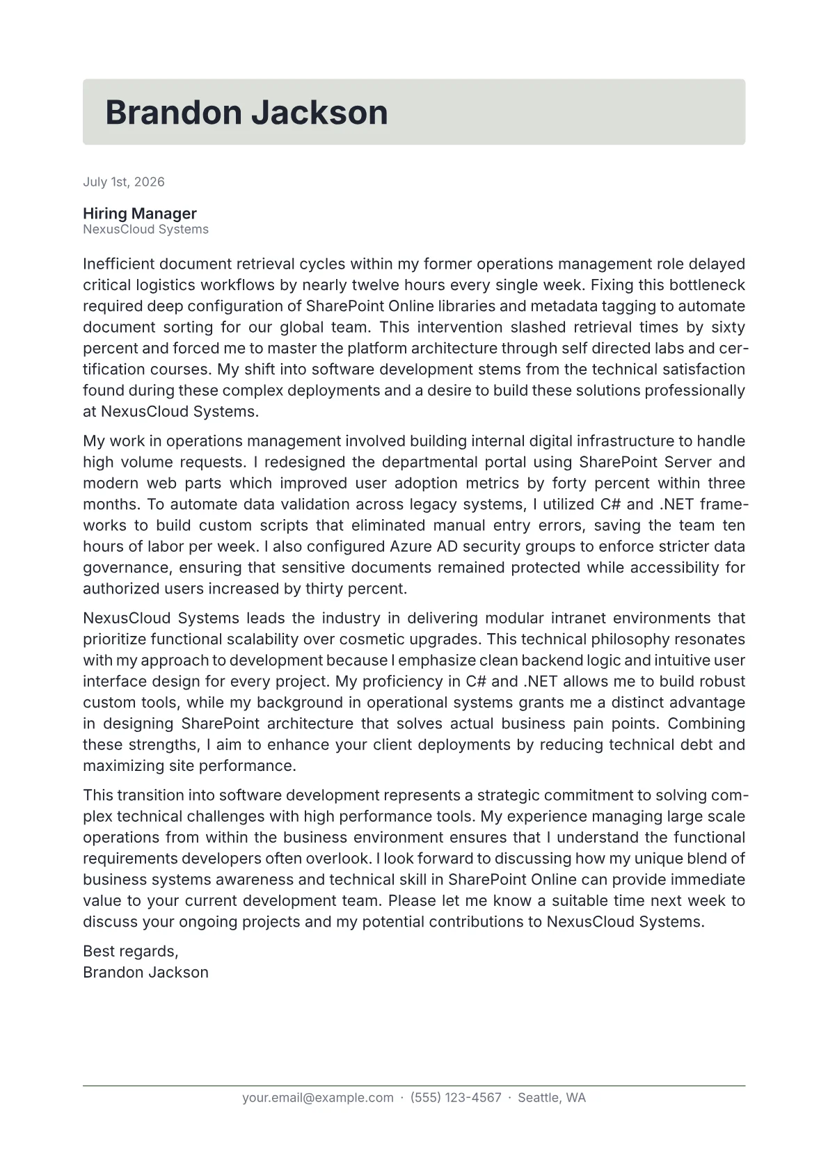 SharePoint Developer cover letter in the Letterhead design