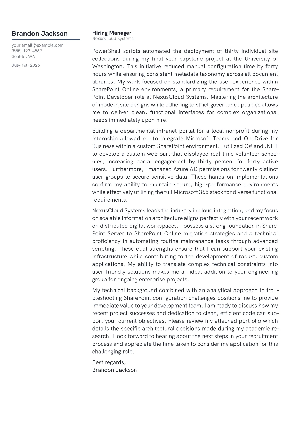 SharePoint Developer cover letter in the Margin design