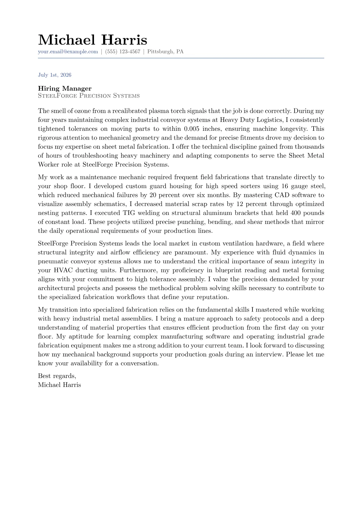 Sheet Metal Worker cover letter in the Classic design