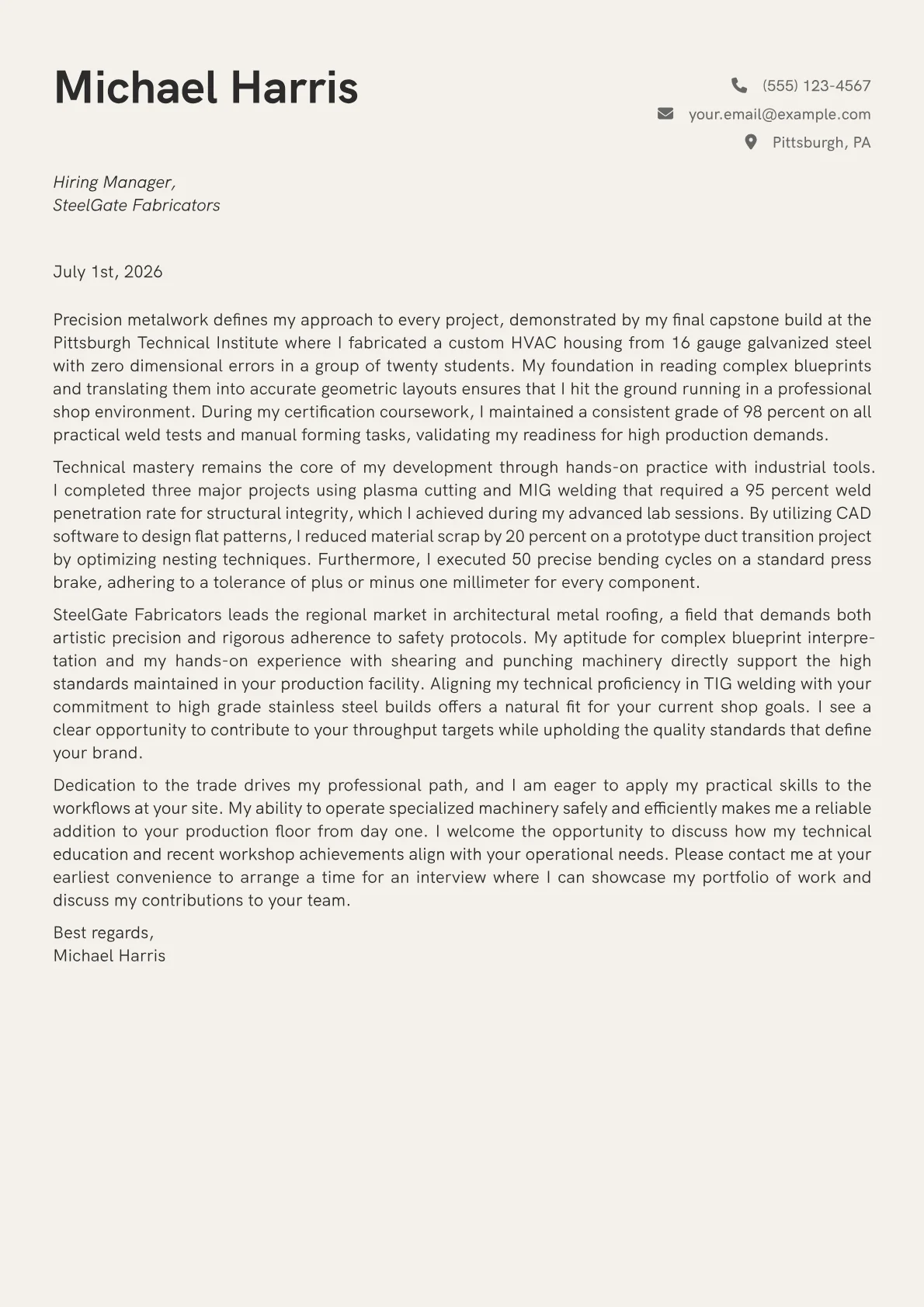 Sheet Metal Worker cover letter in the Creative design
