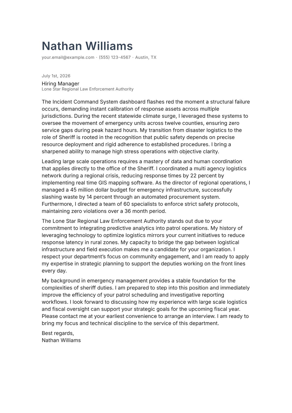 Sheriff cover letter in the Minimal design