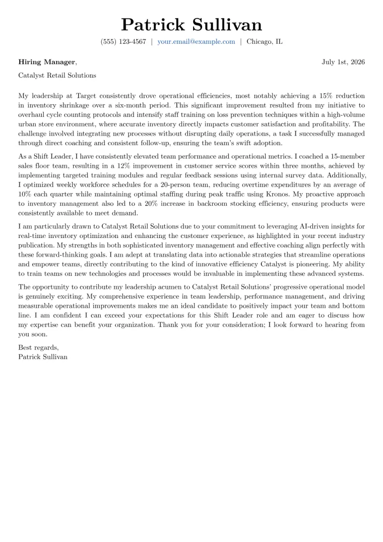 Shift Leader Cover Letter Example