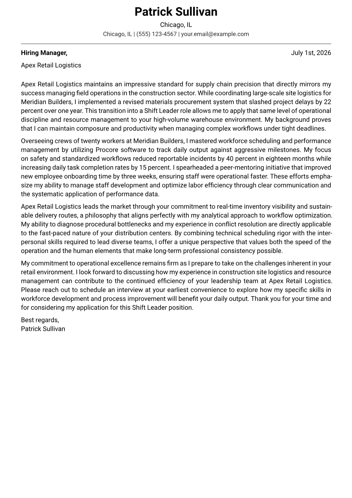 Shift Leader cover letter in the Modern design