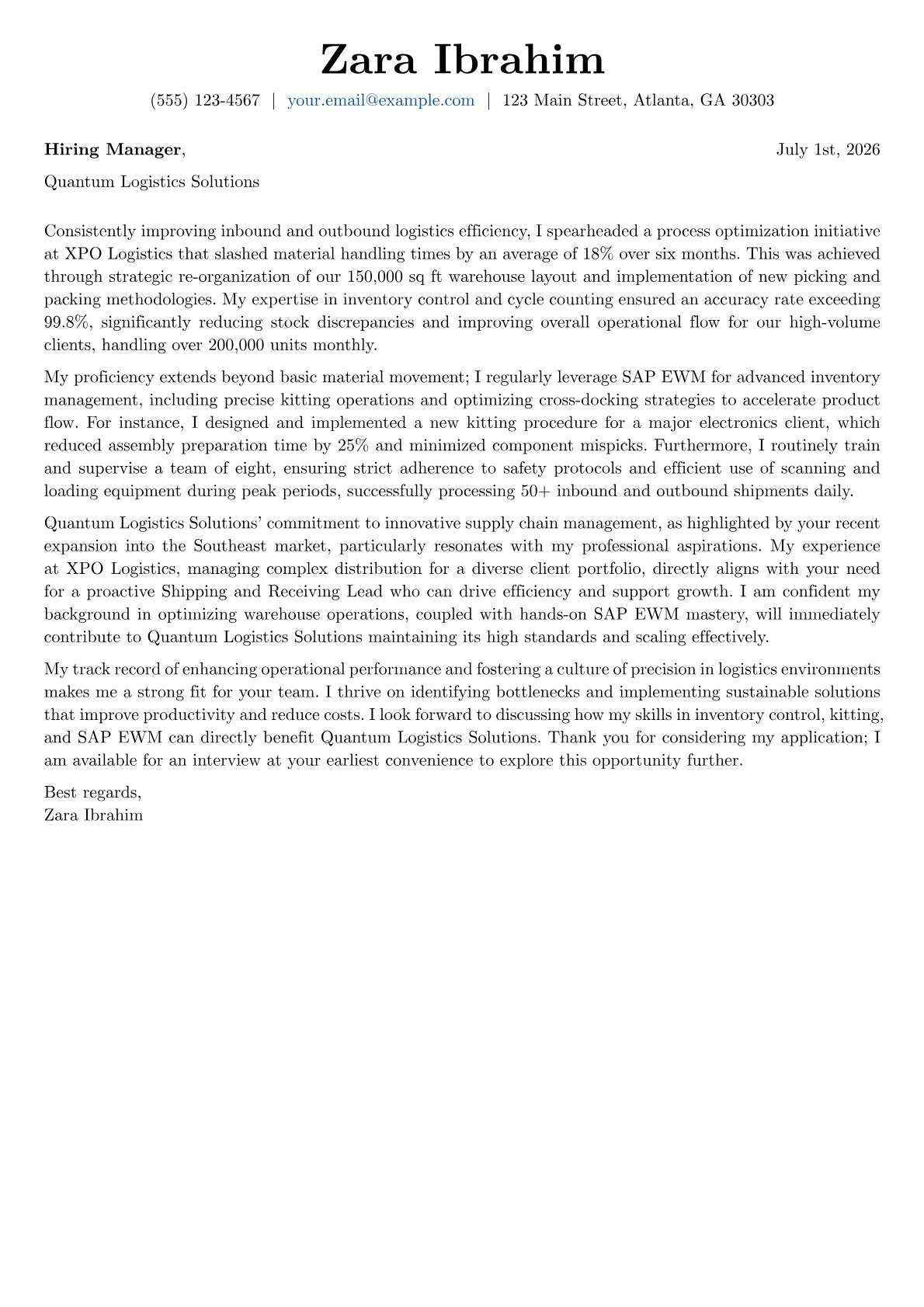 Shipping and Receiving cover letter formatted with a JobSprout template