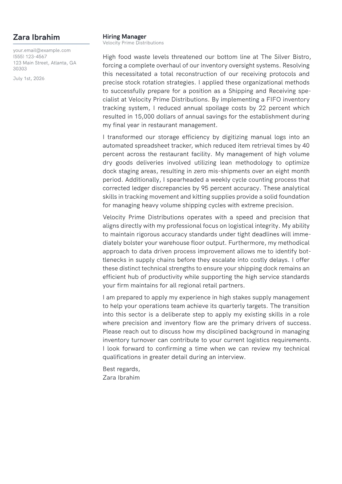 Shipping and Receiving cover letter in the Margin design