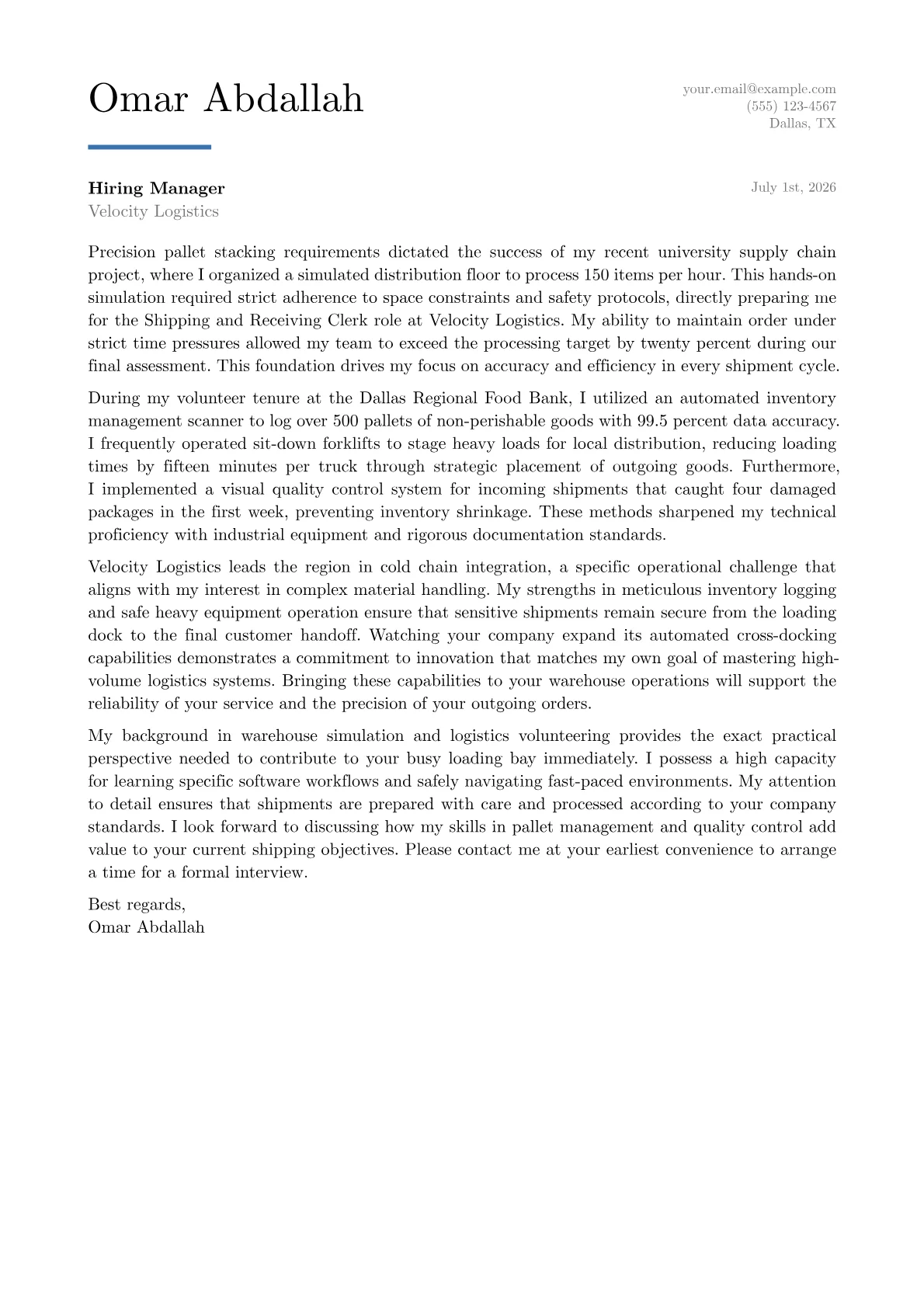 Shipping and Receiving Clerk cover letter in the Executive design