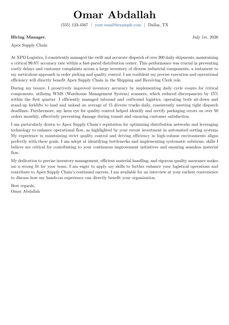 Shipping and Receiving Clerk cover letter example preview