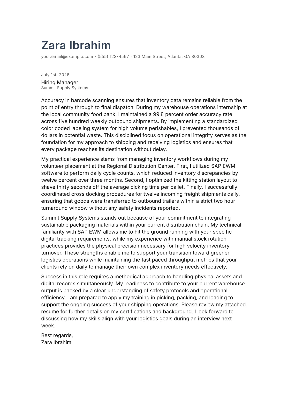 Shipping and Receiving cover letter in the Minimal design