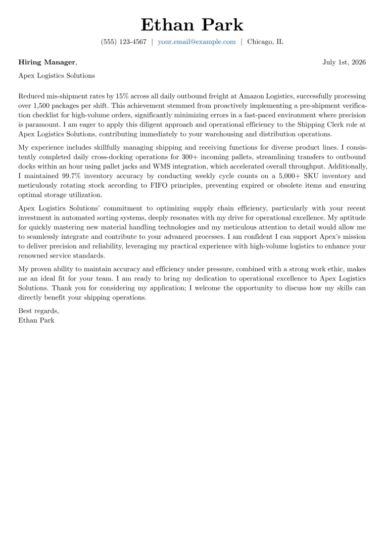Shipping Clerk Cover Letter Example