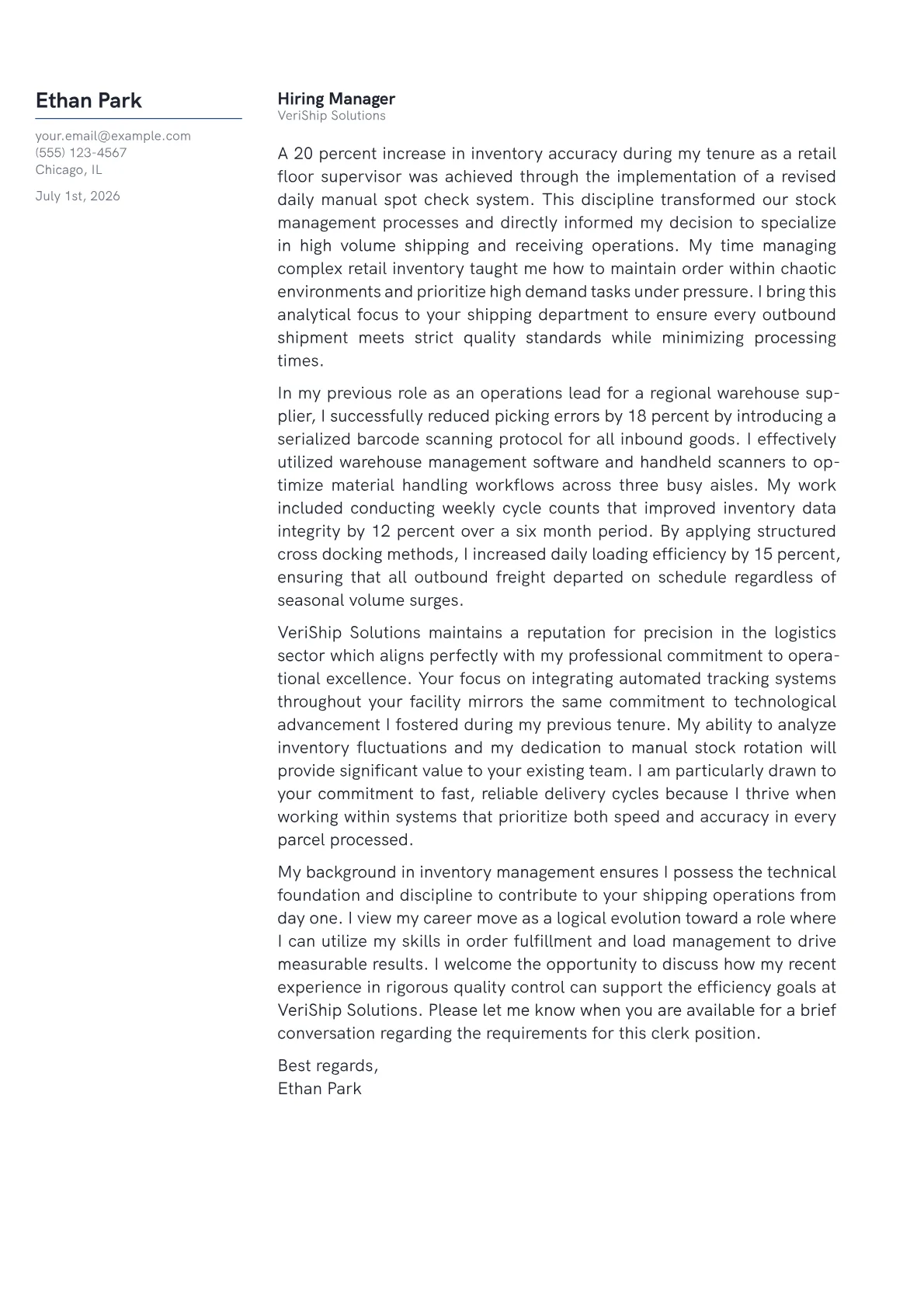 Shipping Clerk cover letter in the Margin design