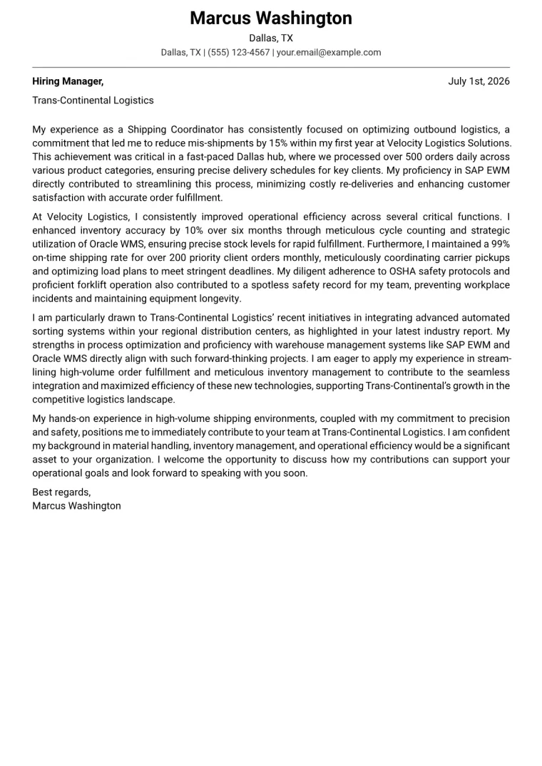 Shipping Coordinator Cover Letter Example
