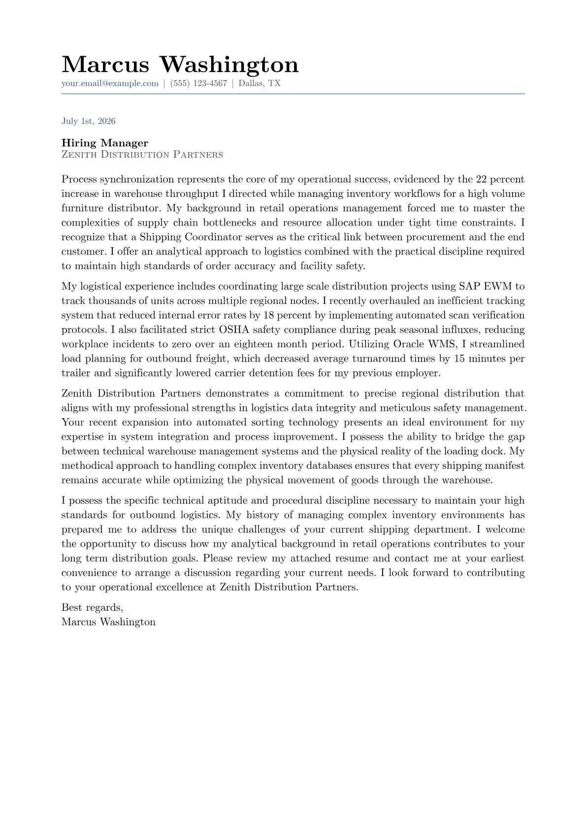Shipping Coordinator cover letter in the Classic design