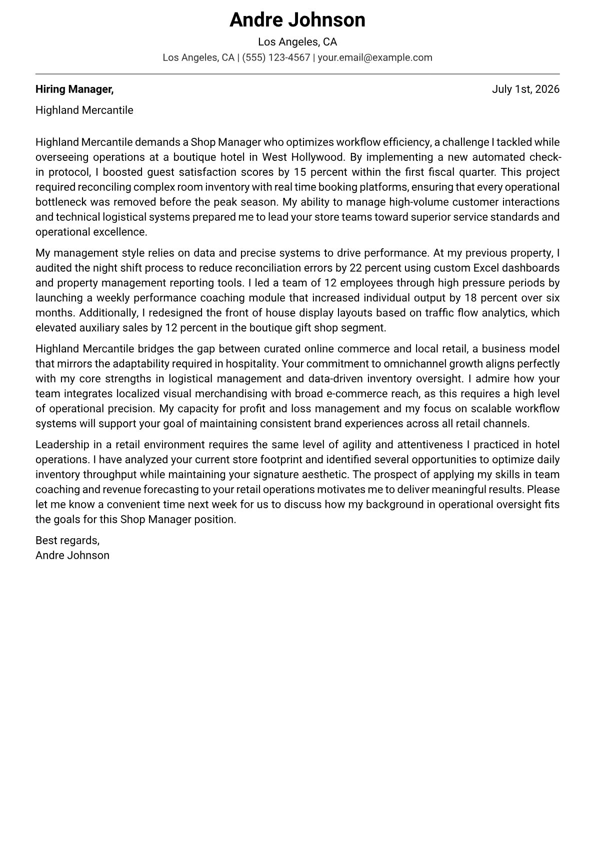 Shop Manager cover letter in the Modern design