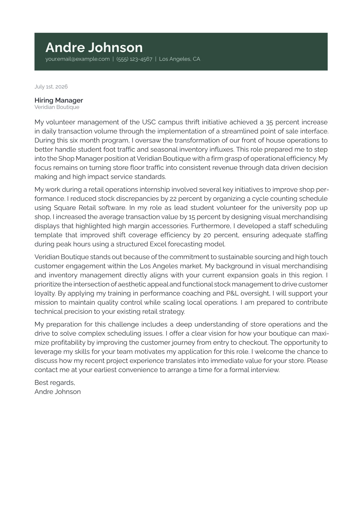 Shop Manager cover letter in the Banner design