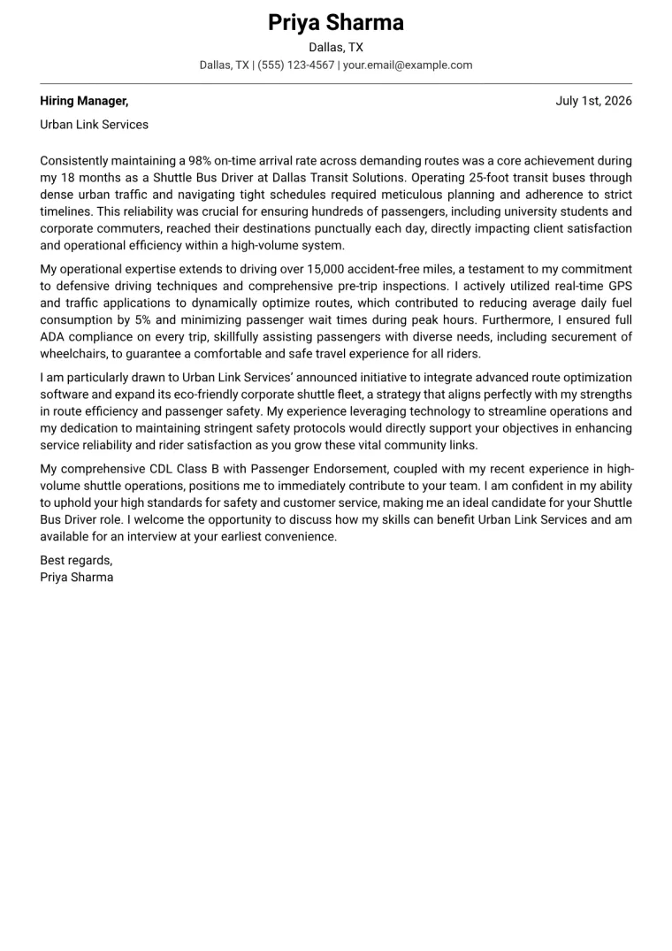 Shuttle Bus Driver Cover Letter Example