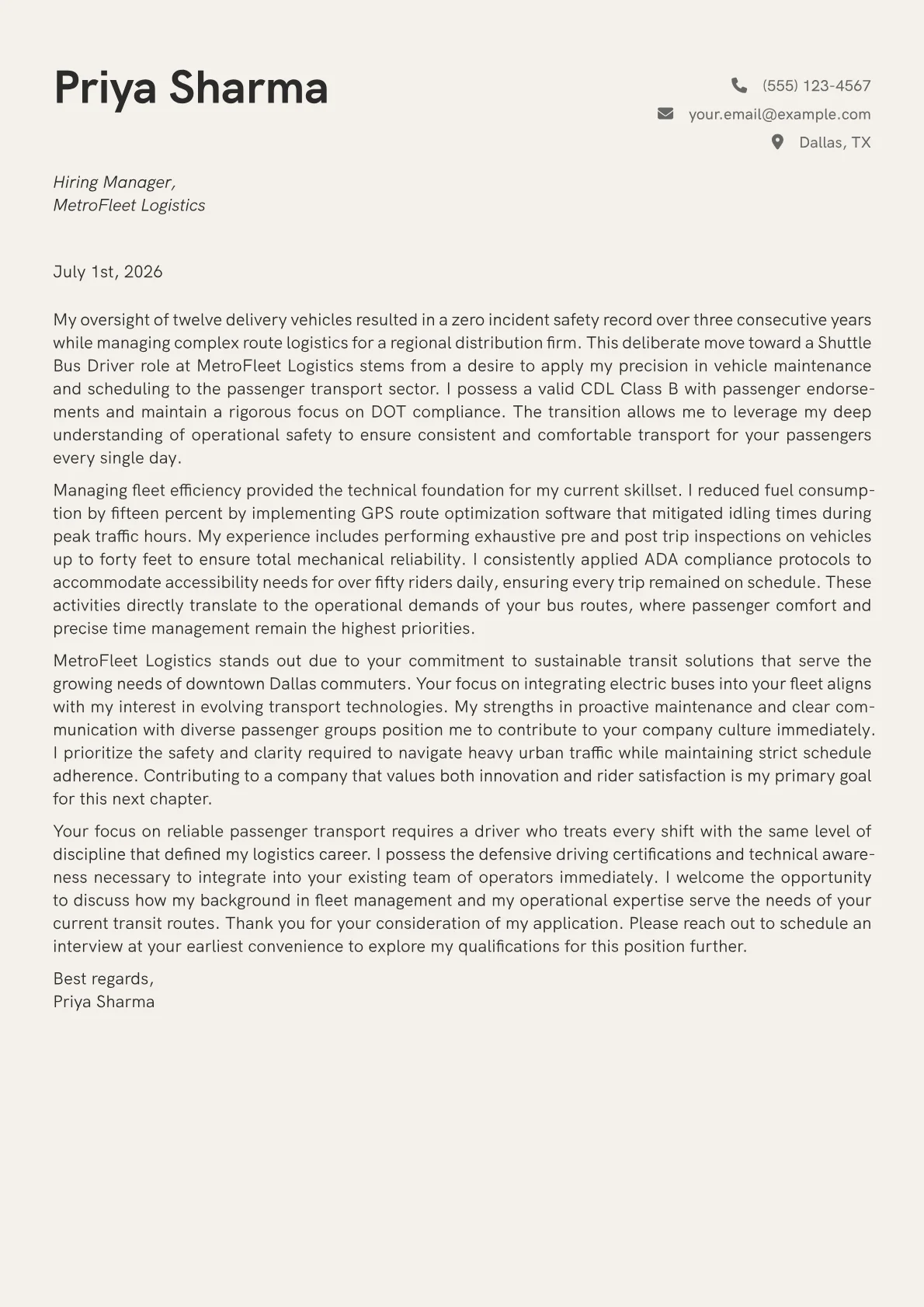 Shuttle Bus Driver cover letter in the Creative design