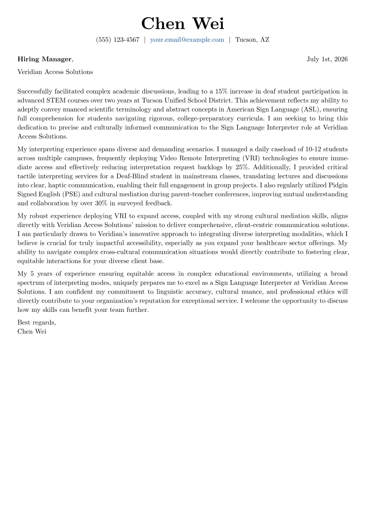 Sign Language Interpreter cover letter formatted with a JobSprout template