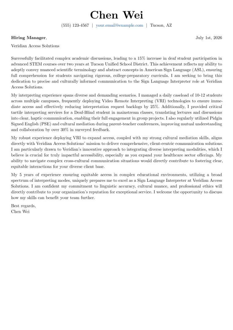Sign Language Interpreter cover letter example preview