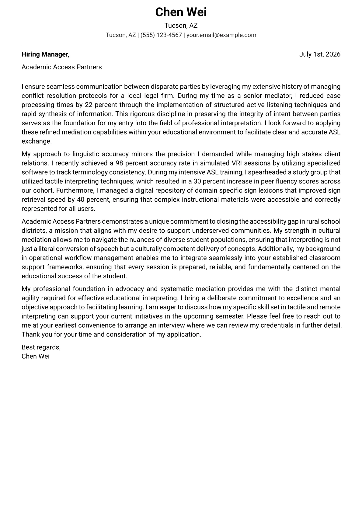 Sign Language Interpreter cover letter in the Modern design