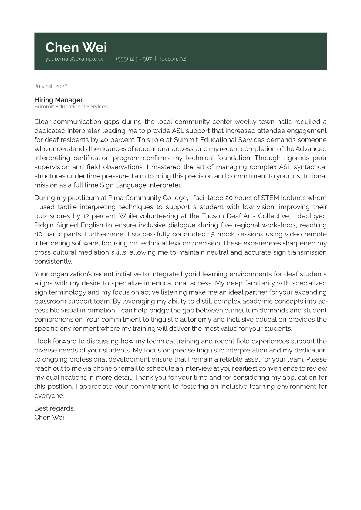 Sign Language Interpreter cover letter in the Banner design