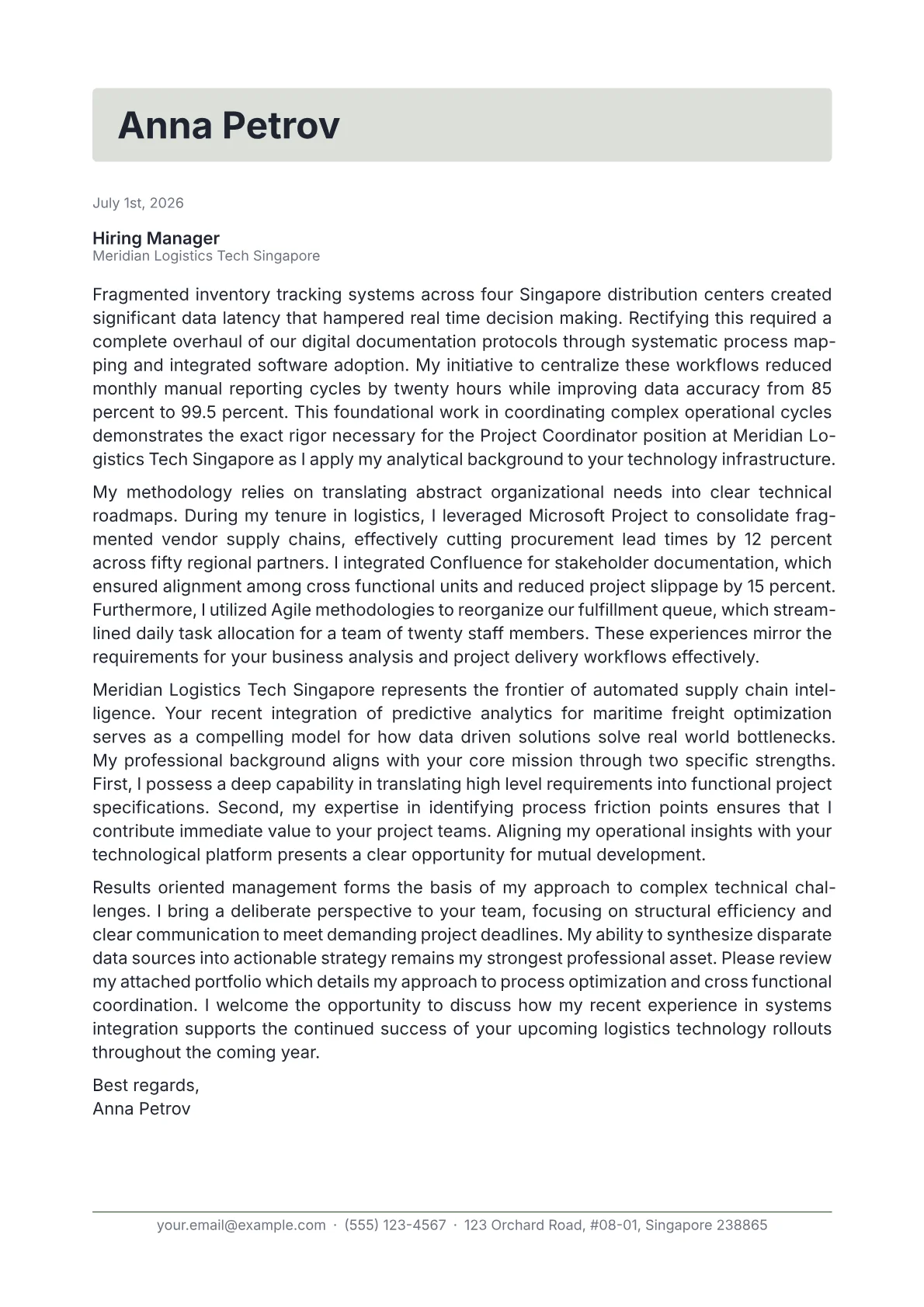 Singapore cover letter in the Letterhead design