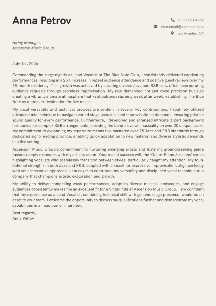 Singer Cover Letter Example