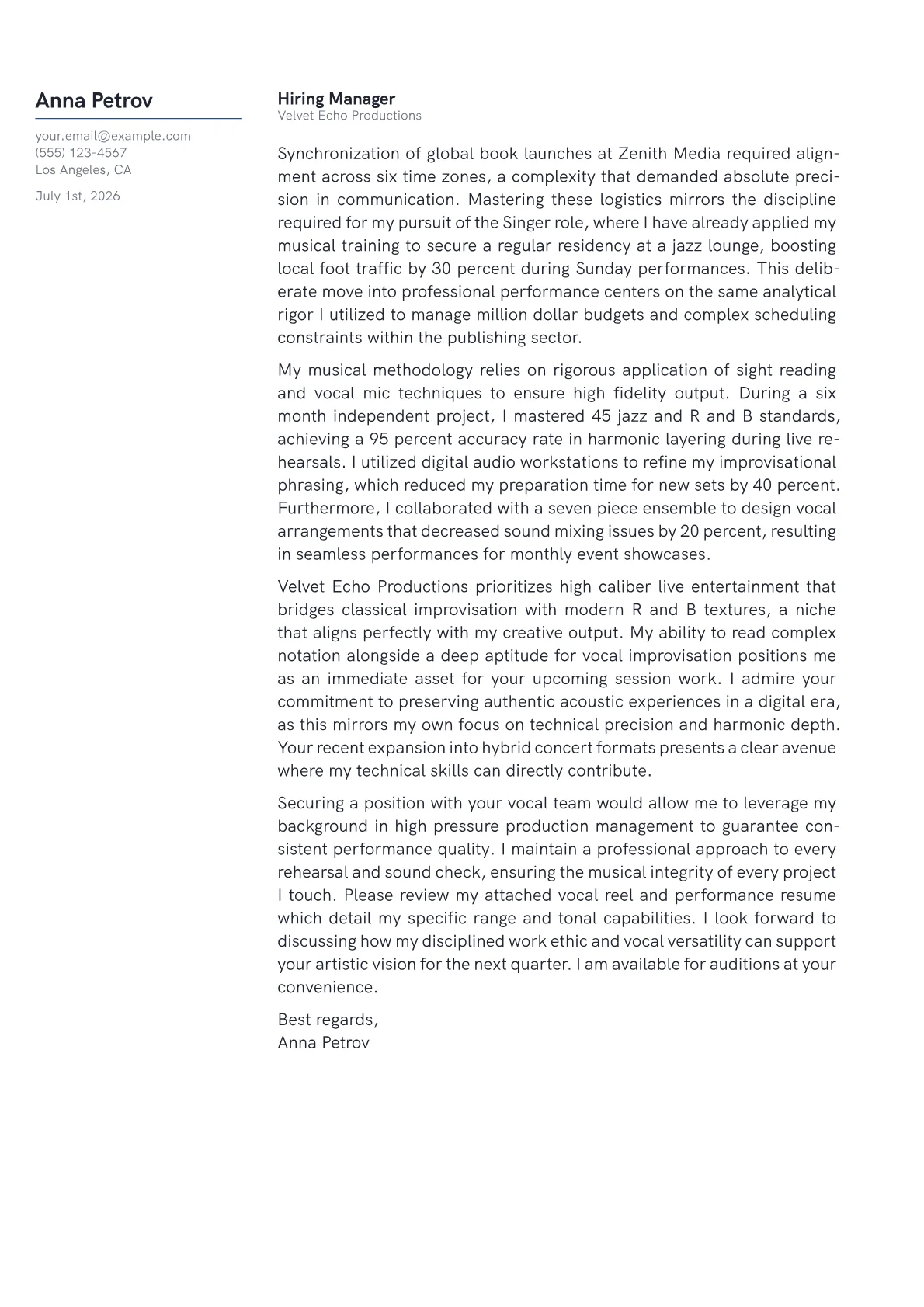 Singer cover letter in the Margin design