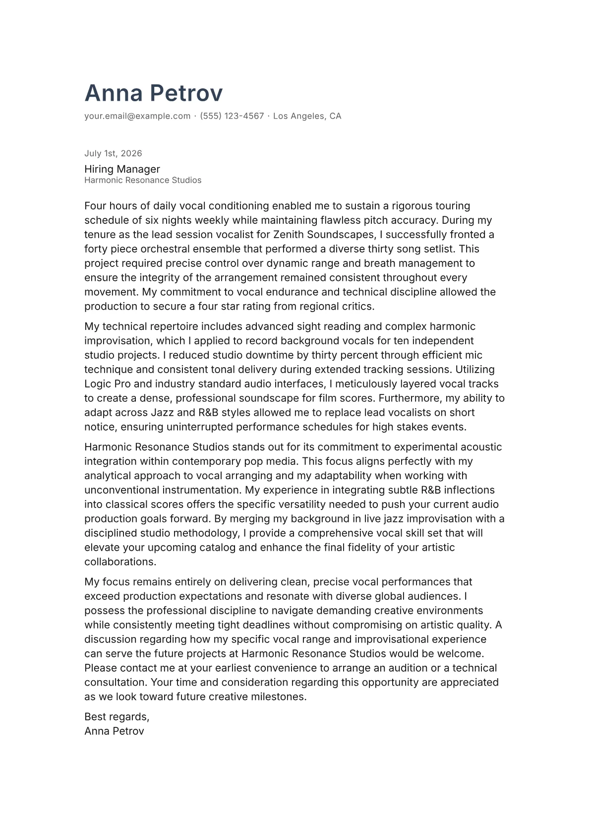 Singer cover letter in the Minimal design