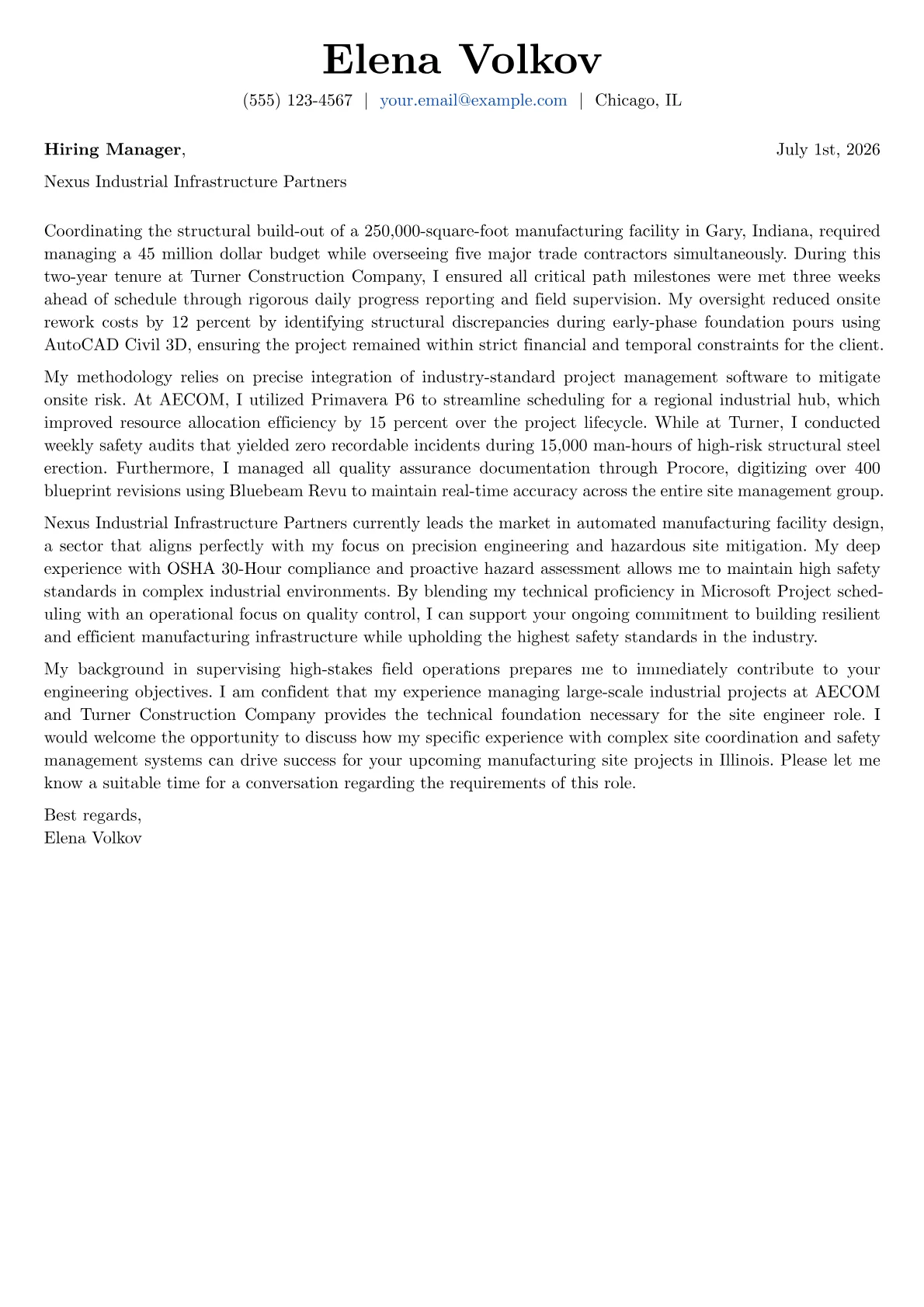 Site Engineer Cover Letter Example + Template (2026)