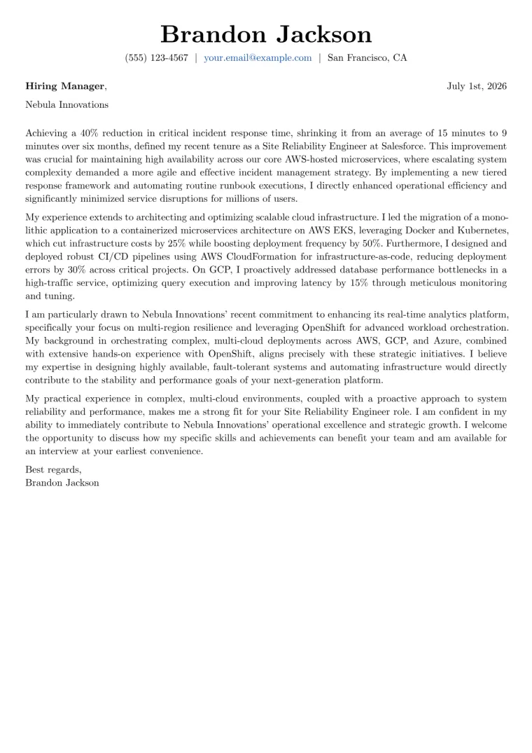 Site Reliability Engineer cover letter example preview