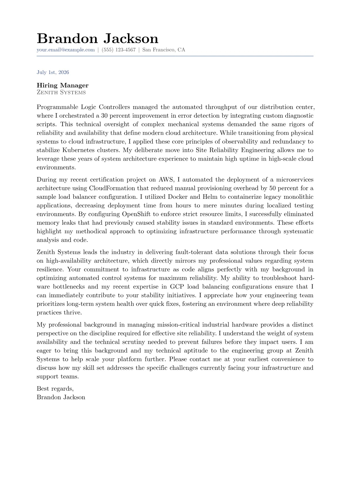 Site Reliability Engineer cover letter in the Classic design