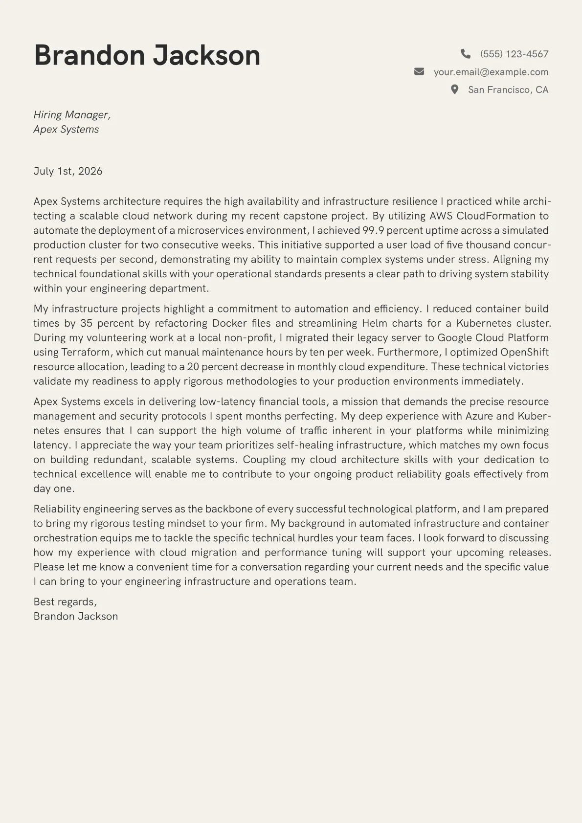 Site Reliability Engineer cover letter in the Creative design