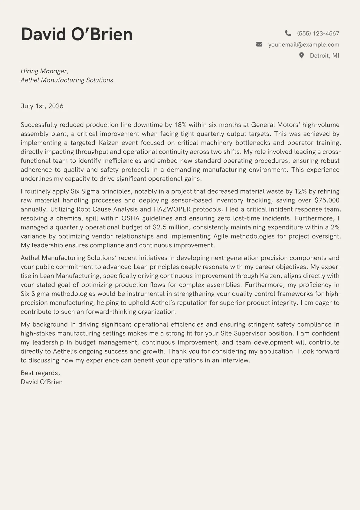 Site Supervisor cover letter formatted with a JobSprout template