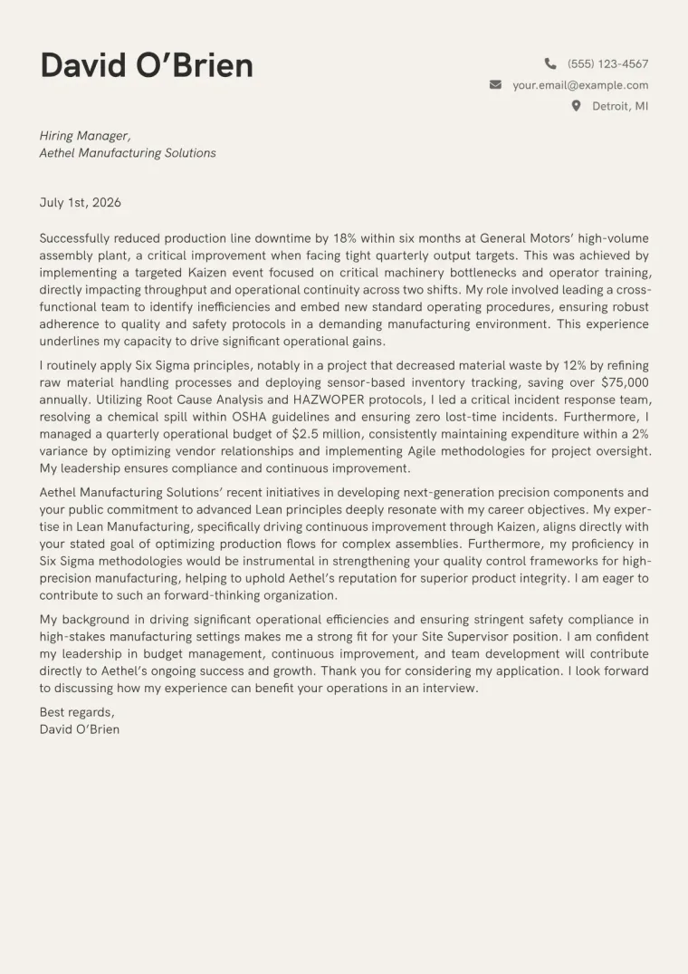 Site Supervisor Cover Letter Example