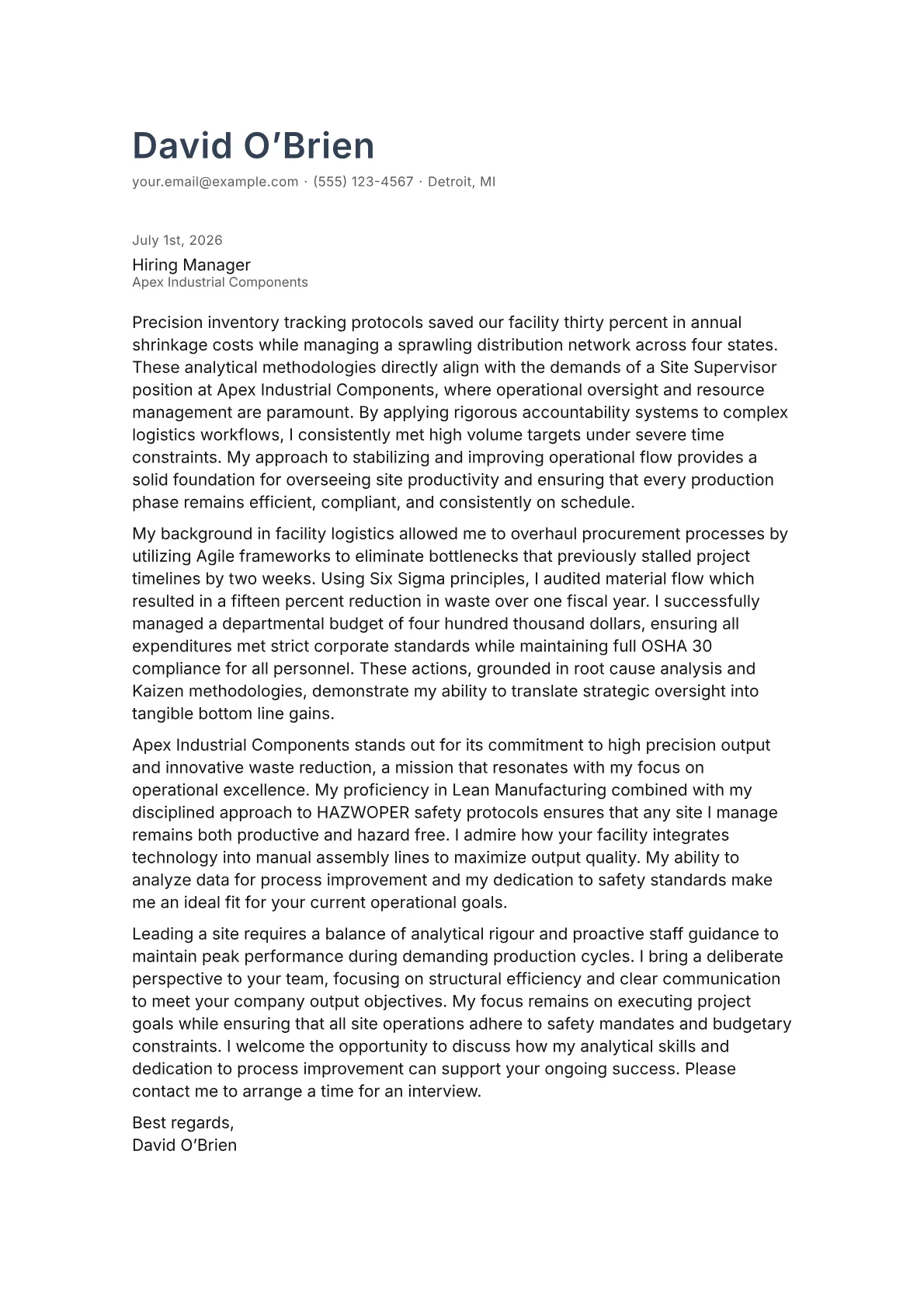 Site Supervisor cover letter in the Minimal design