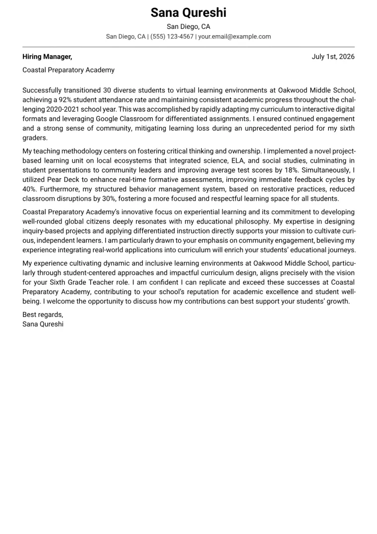 Sixth Grade Teacher cover letter example