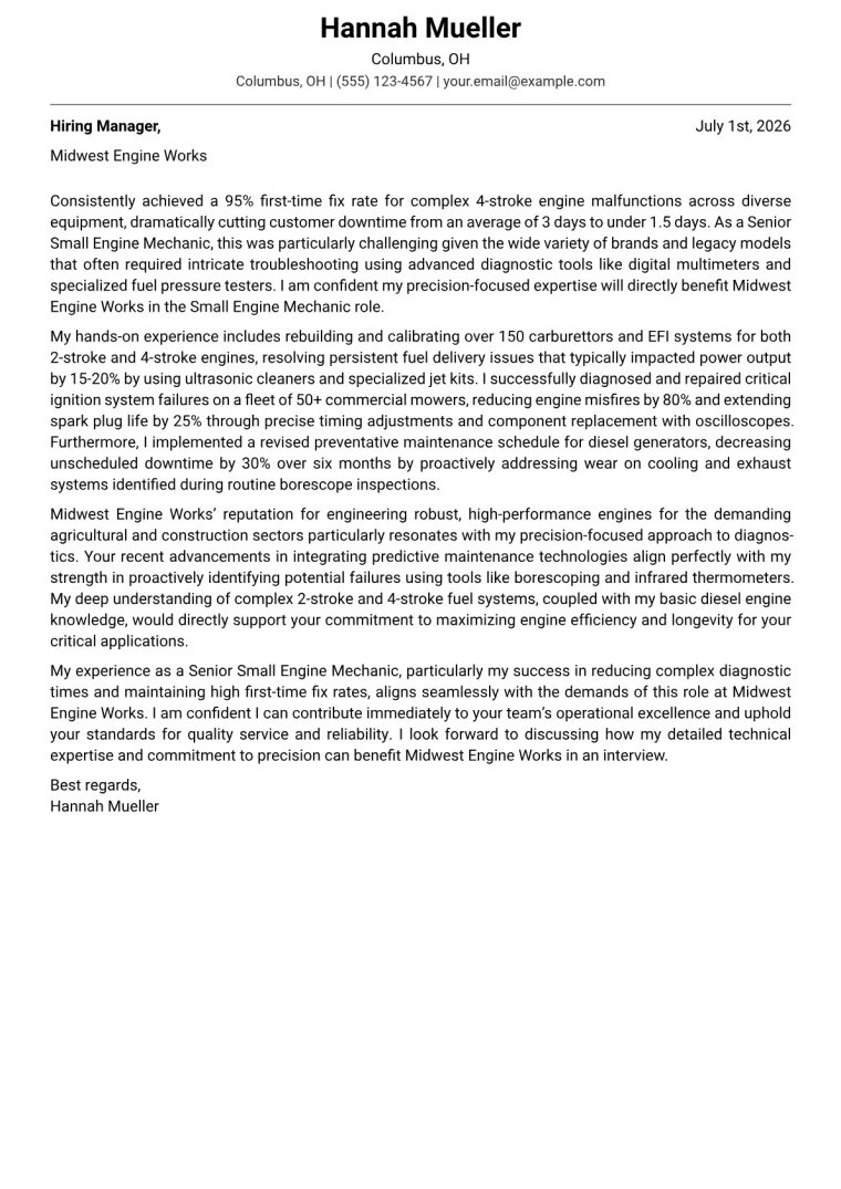 Small Engine Mechanic Cover Letter Example