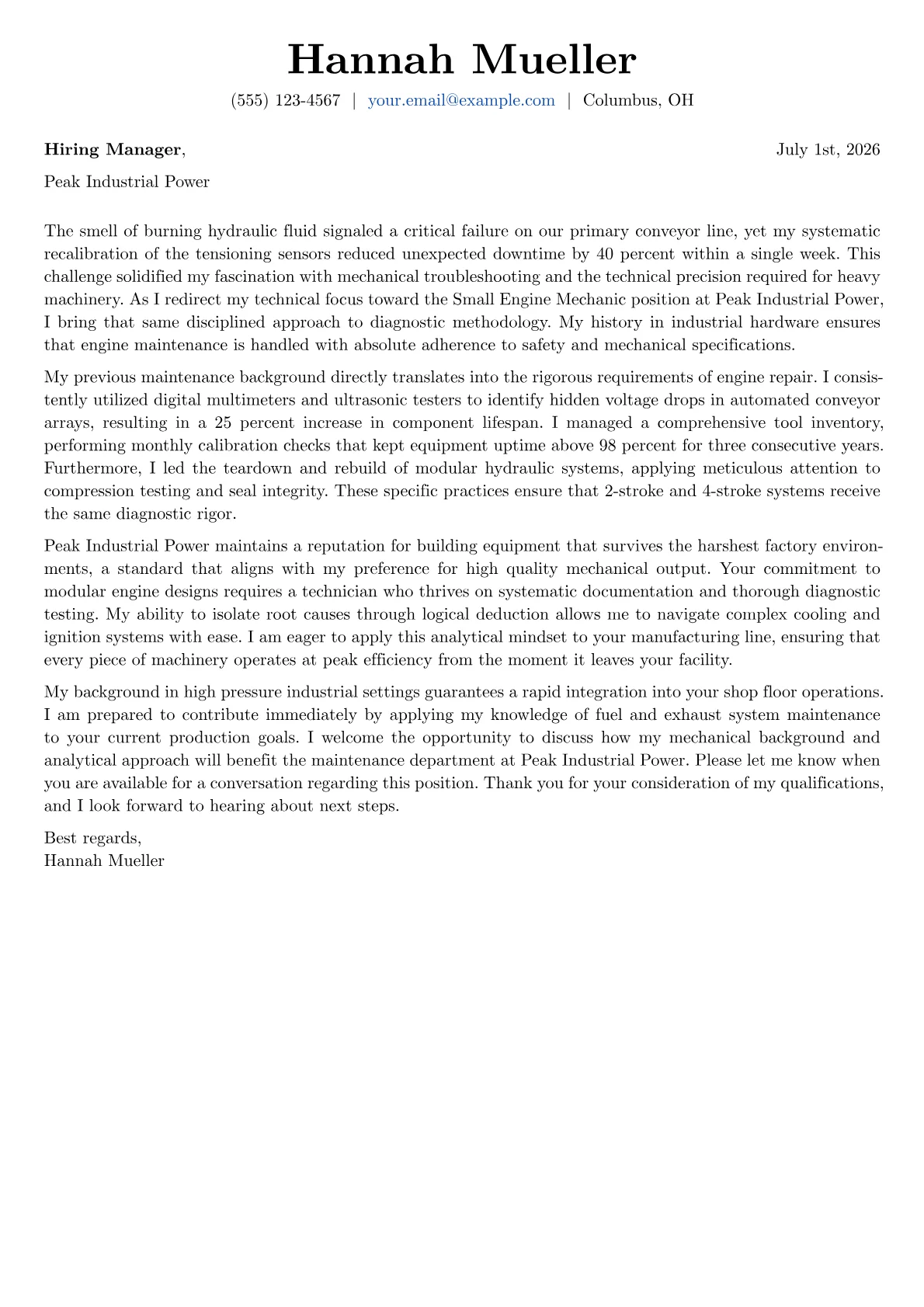 Small Engine Mechanic cover letter in the Basic design