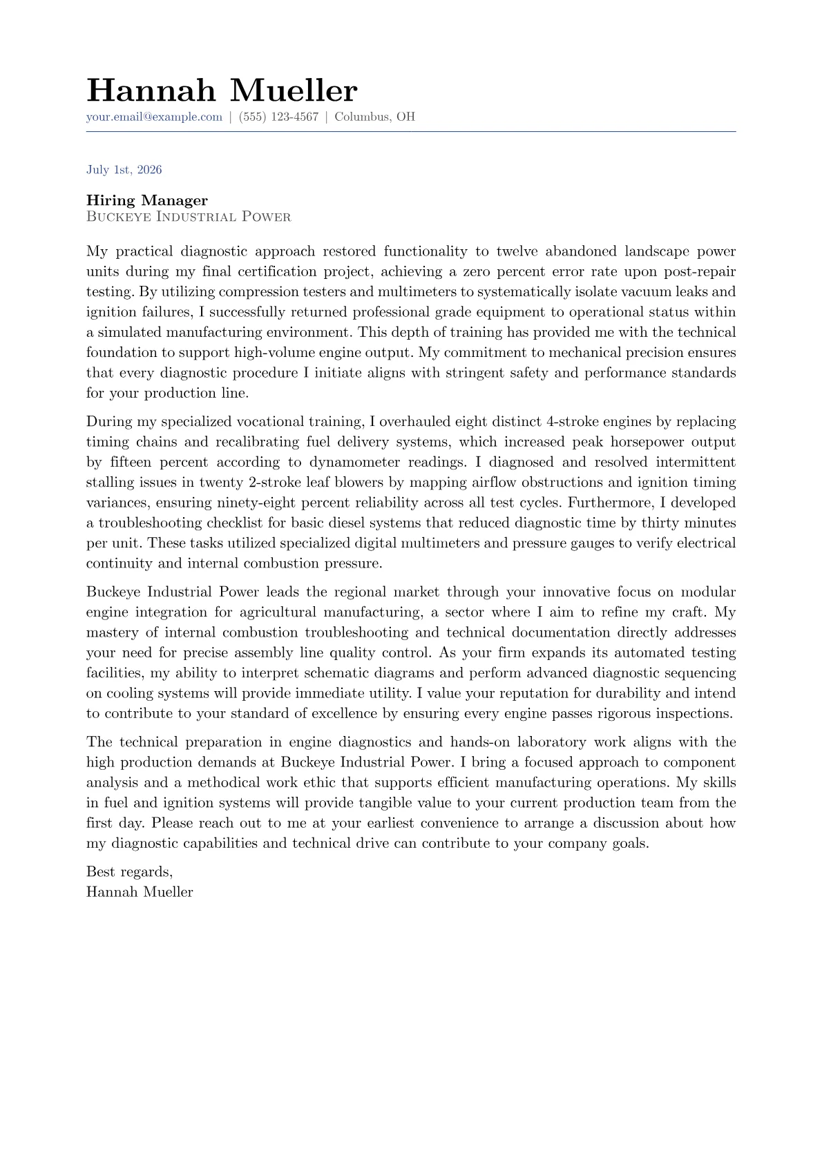 Small Engine Mechanic cover letter in the Classic design
