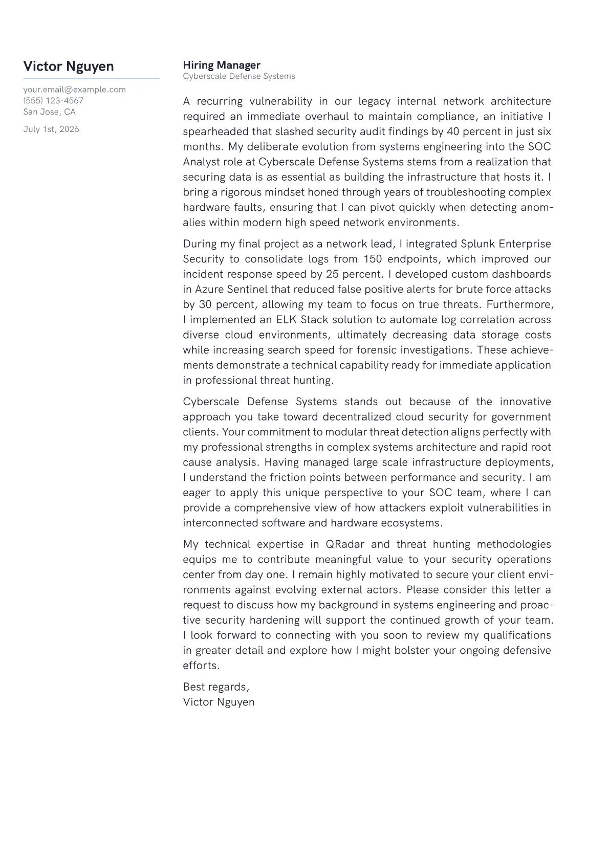 SOC Analyst cover letter in the Margin design