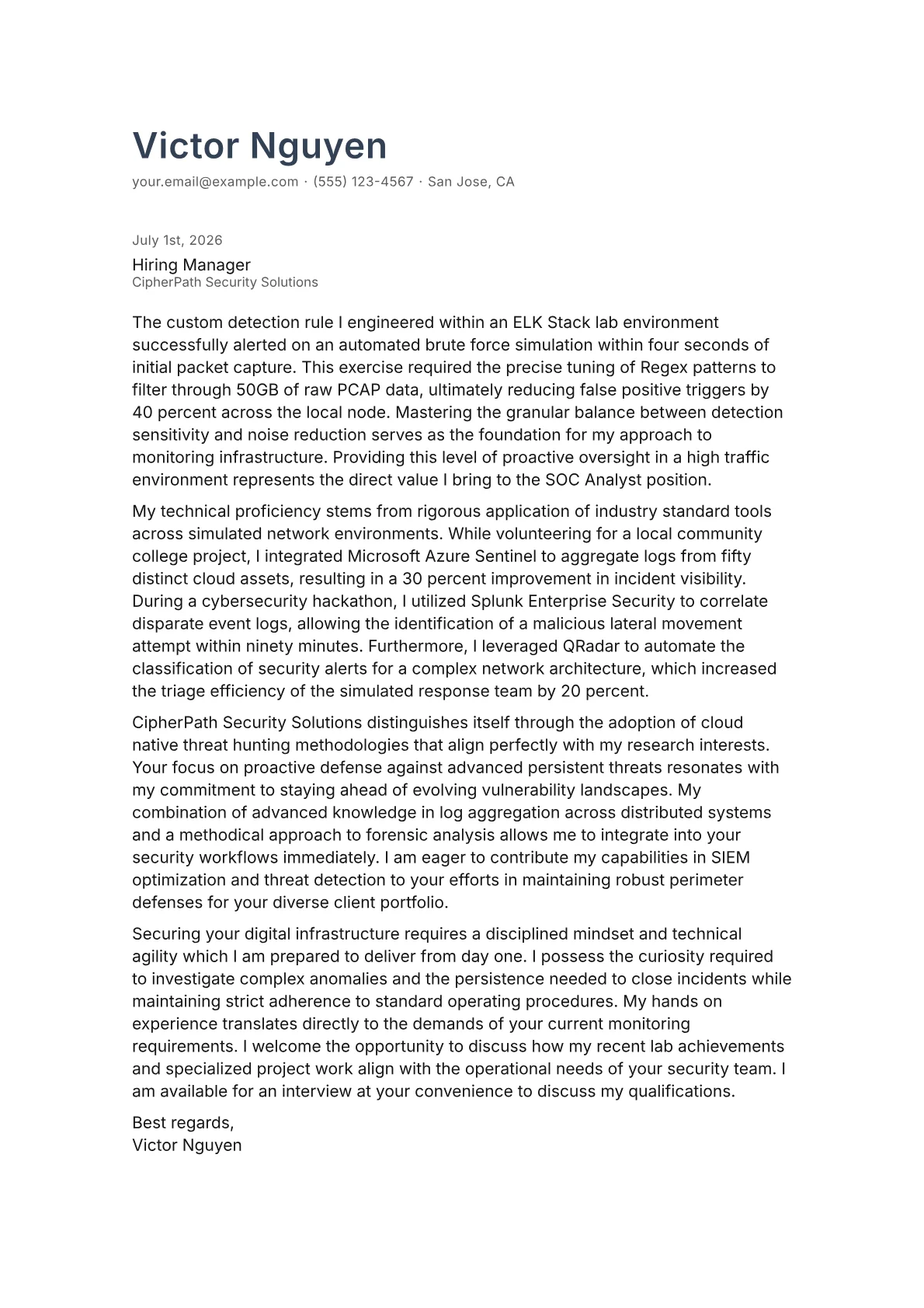 SOC Analyst cover letter in the Minimal design