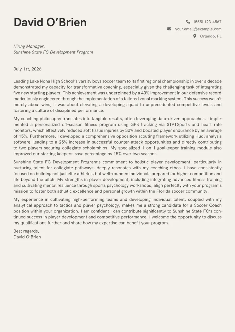 Soccer Coach Cover Letter Example
