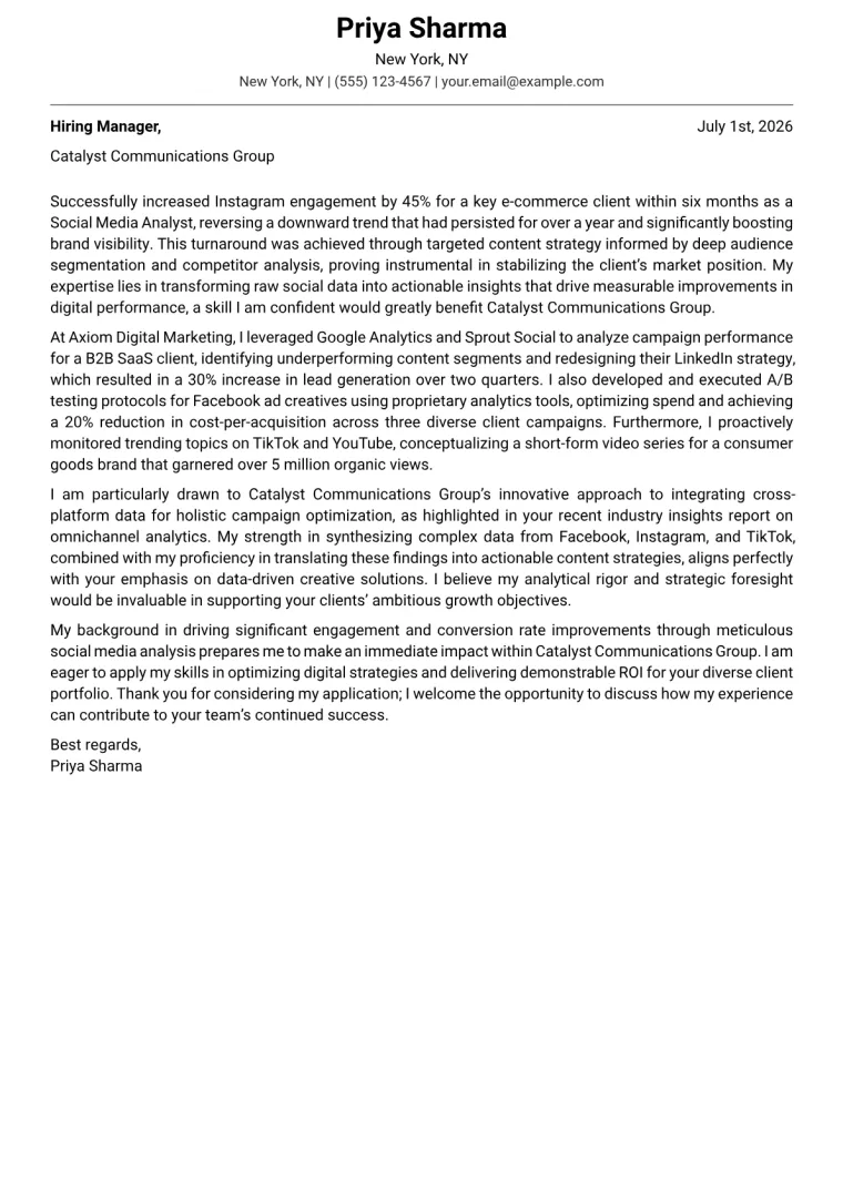 Social Media Analyst Cover Letter Example