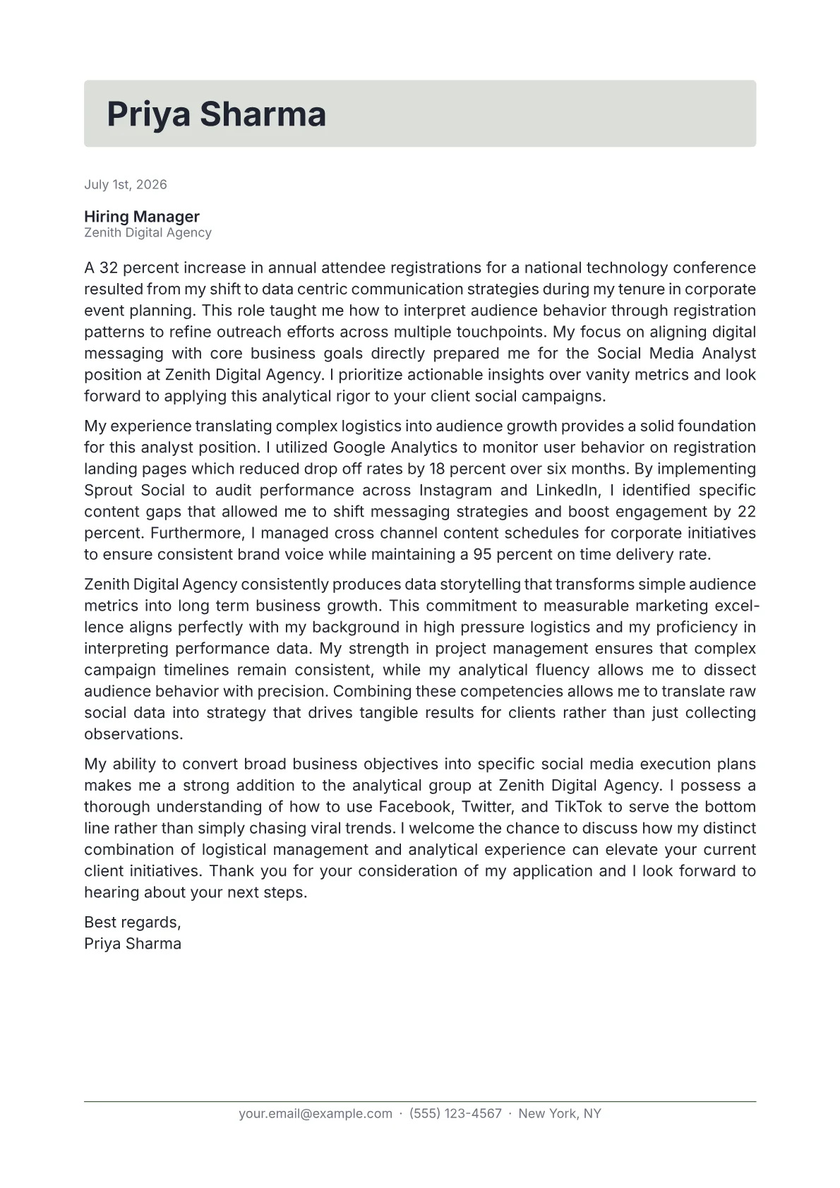 Social Media Analyst cover letter in the Letterhead design