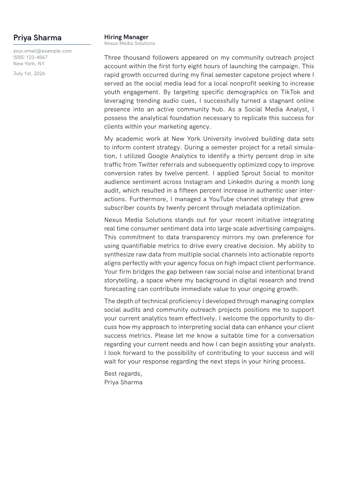 Social Media Analyst cover letter in the Margin design