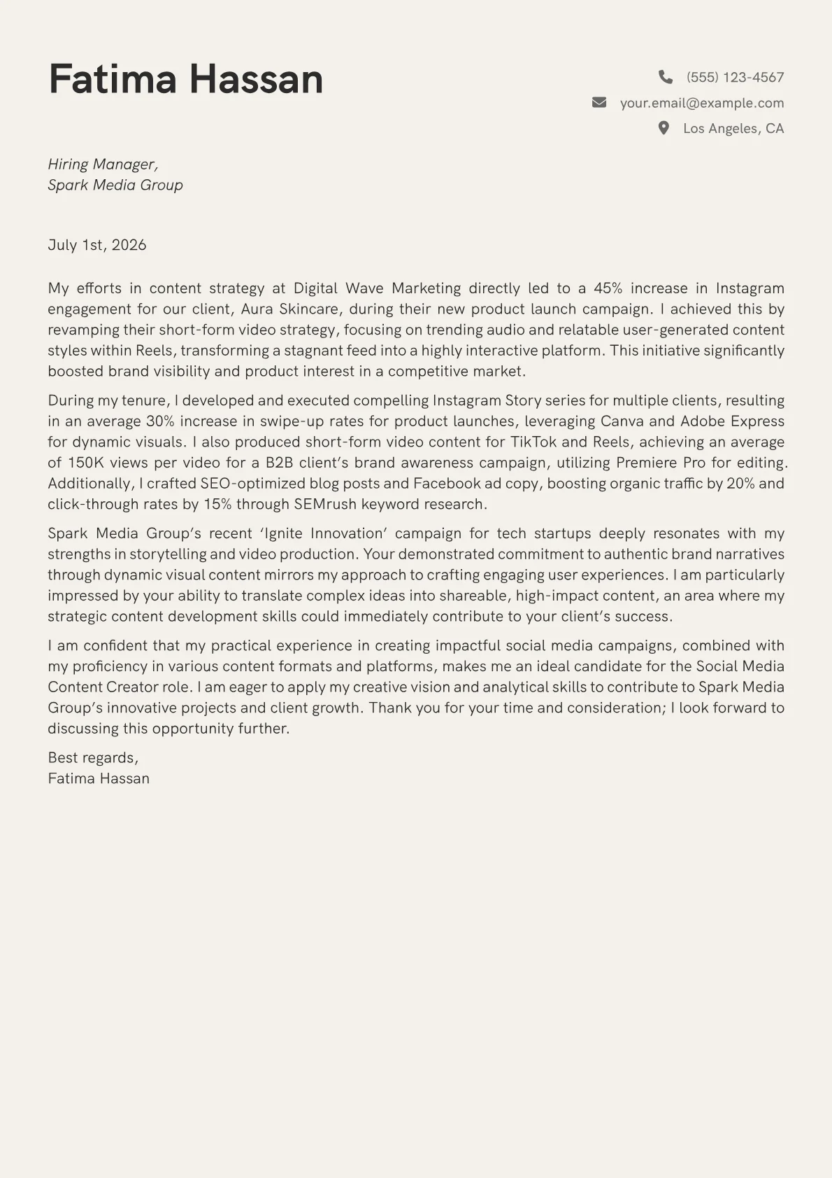 Social Media Content Creator cover letter formatted with a JobSprout template
