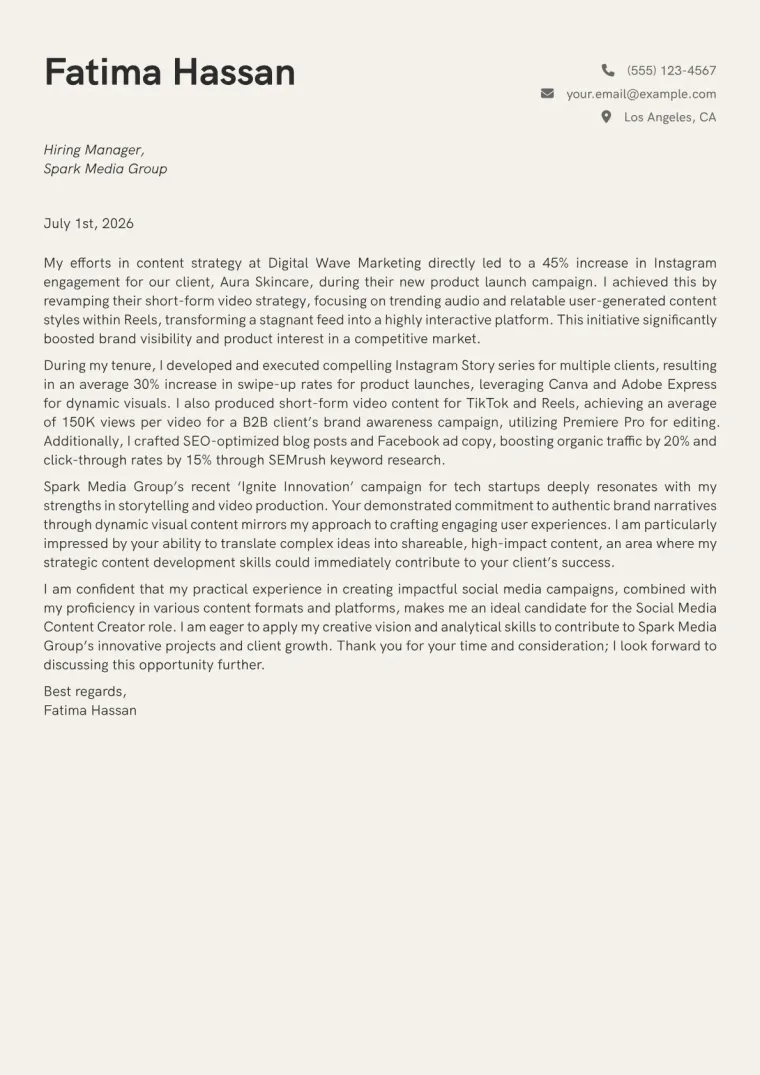 Social Media Content Creator cover letter example preview