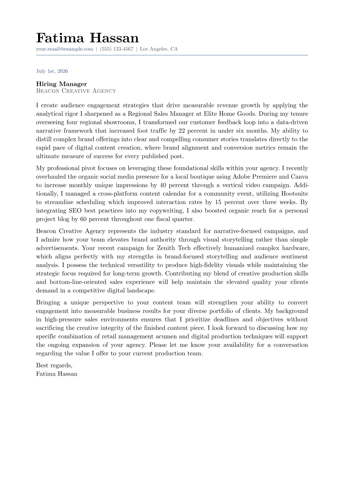 Social Media Content Creator cover letter in the Classic design
